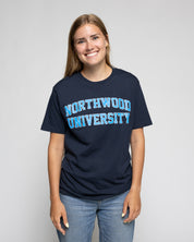 Girl wearing northwood navy tshirt